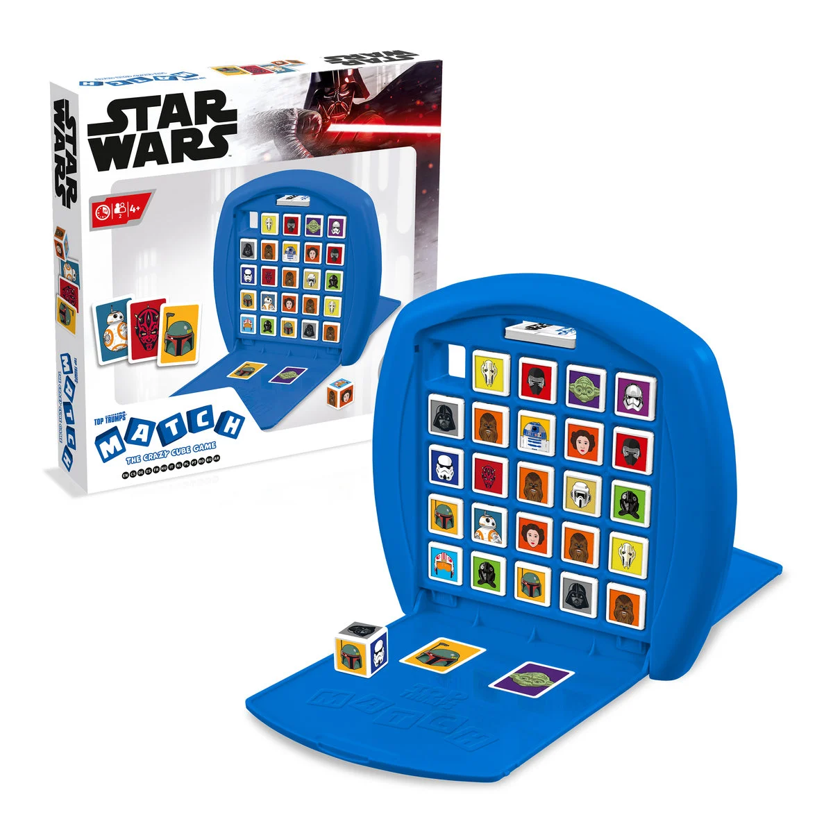 Gra Star Wars typu dopasuj obrazki z niebieską podstawą i różnymi postaciami.