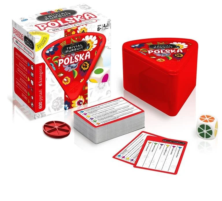 Zestaw gier Trivial Pursuit Polska, w kolorach czerwonym i białym. Zawiera karty i kostkę.