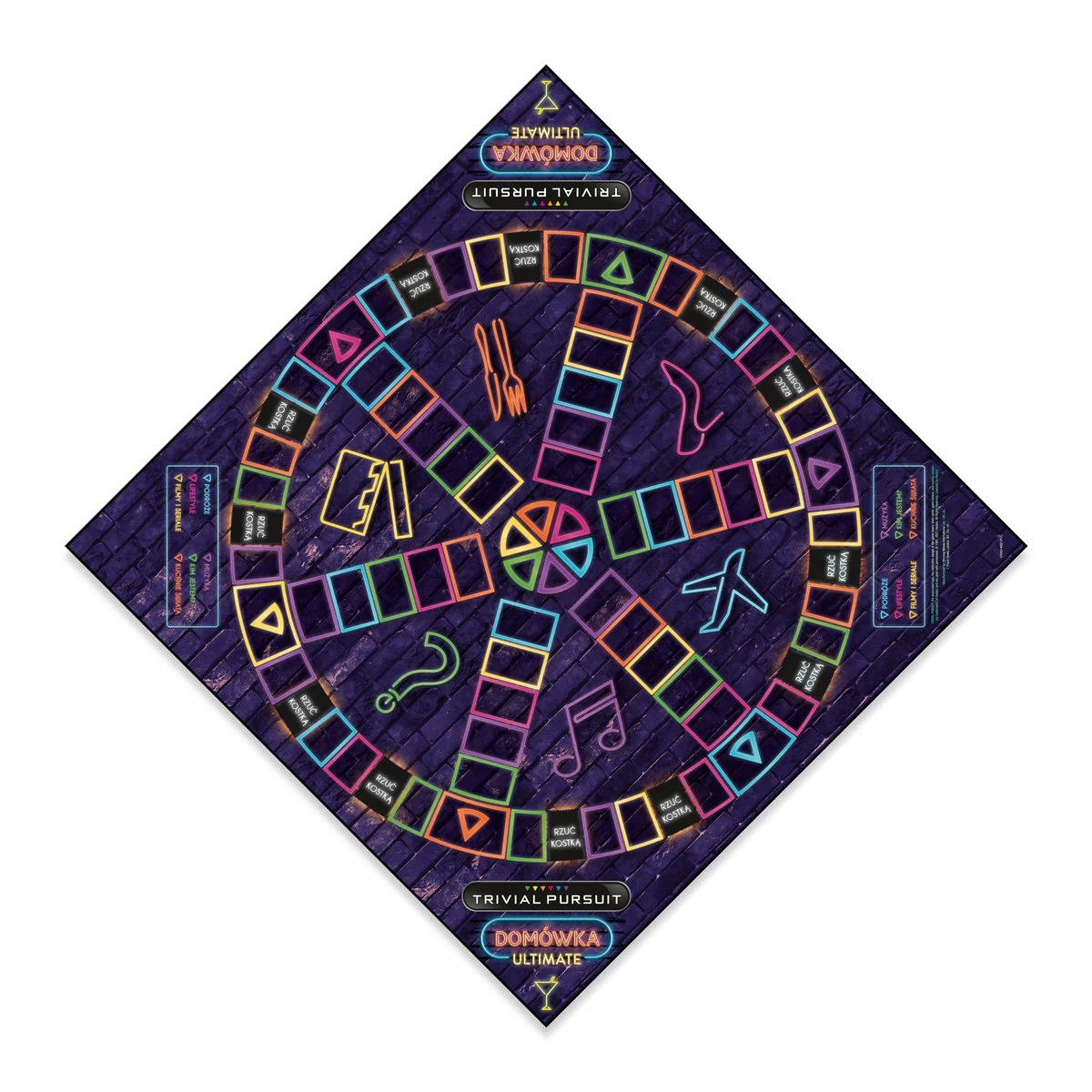 Gra planszowa z kolorowymi polami i ikonami. Tekst: 'TRIVIAL PURSUIT'.