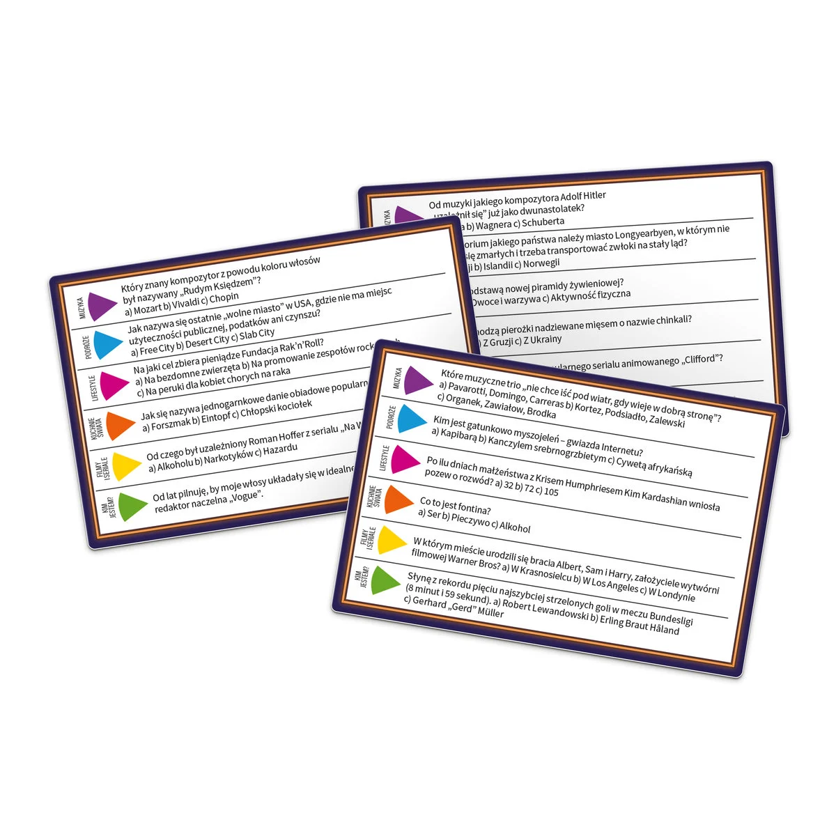 Karty z pytaniami. Różne kolorowe tła. Tekst w kolorze białym i czarnym.