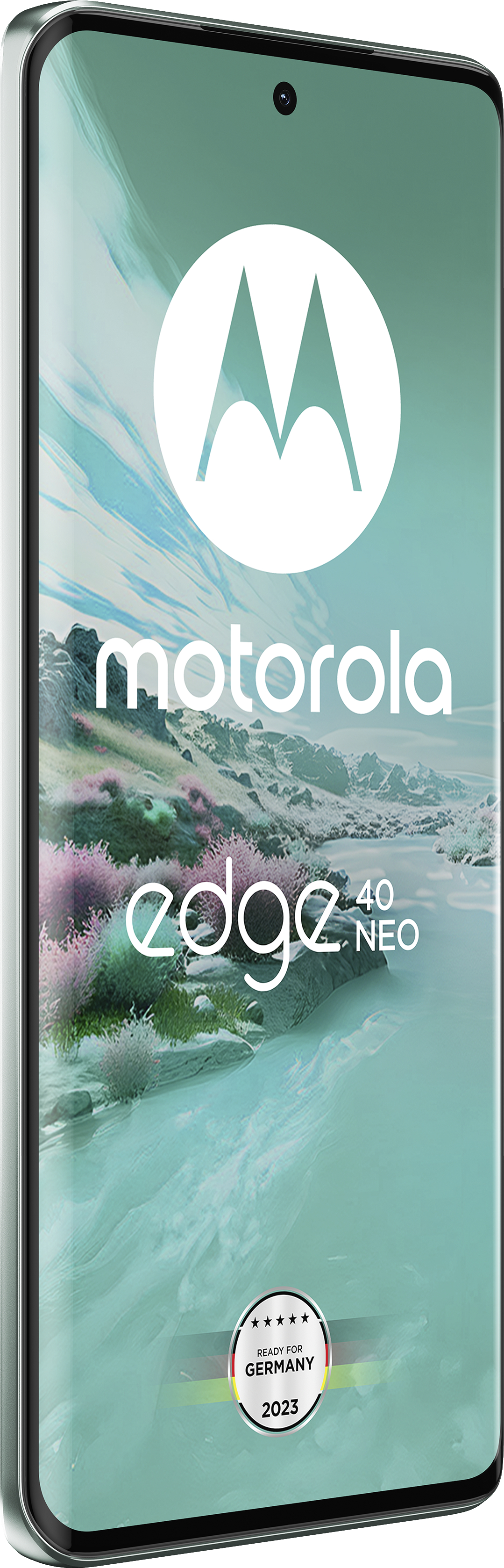 Motorola Edge 40 Neo Handy mit Berglandschaft-Hintergrund und "Ready for Germany 2023"-Siegel.