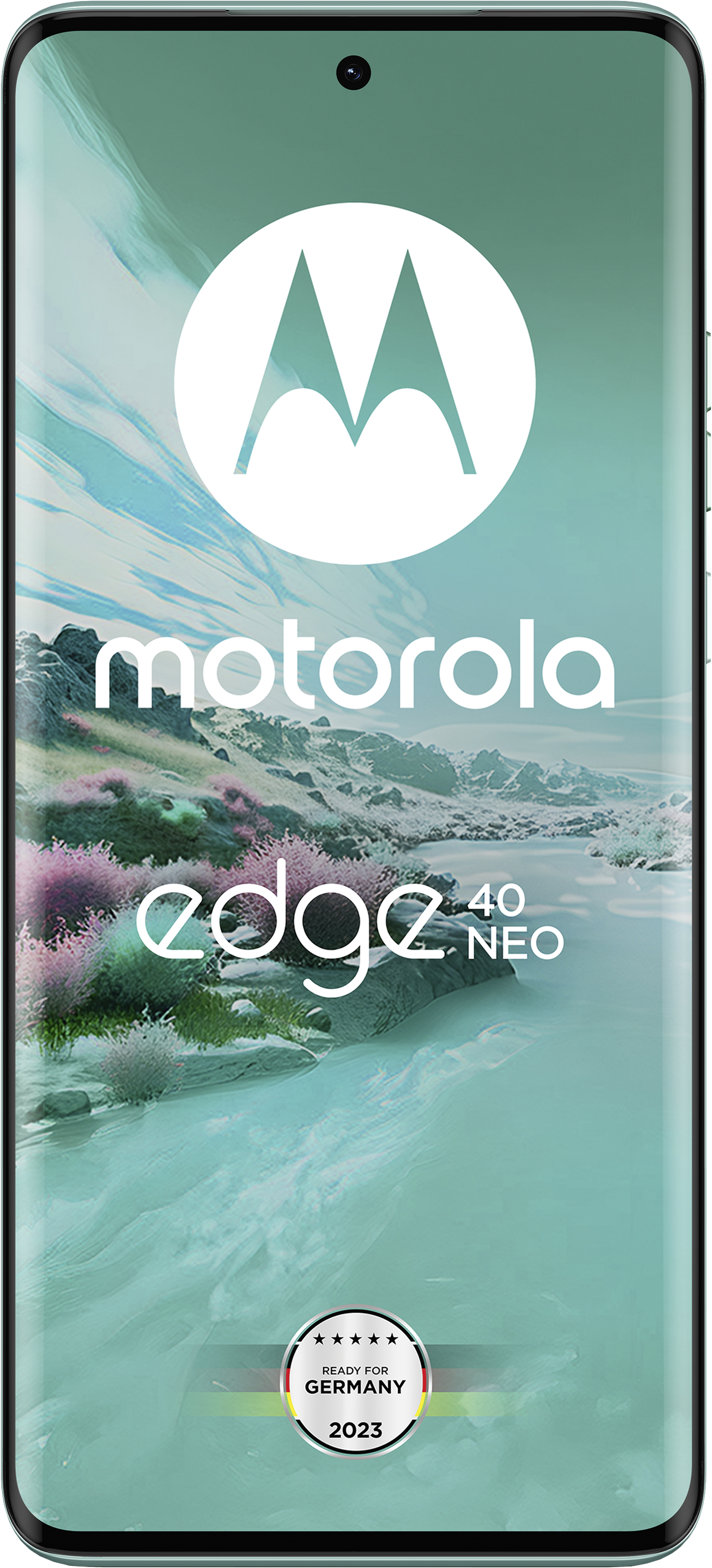 Motorola Edge 40 Neo Handy mit Berglandschaft-Hintergrund und "Ready for Germany"-Siegel.
