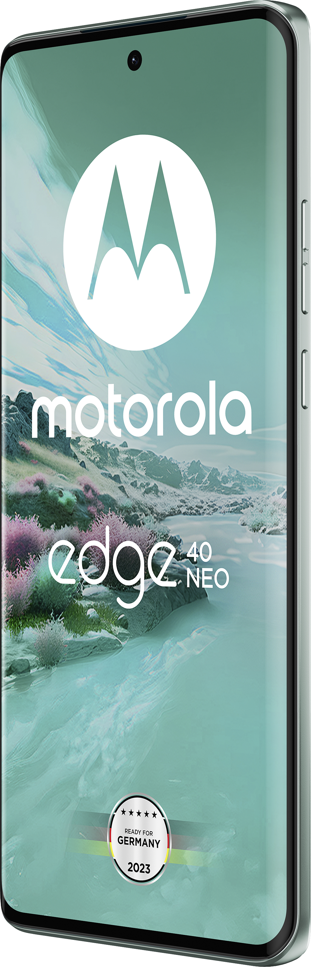 Motorola Edge 40 Neo Smartphone mit Berge- und Wasserlandschaft als Hintergrund.