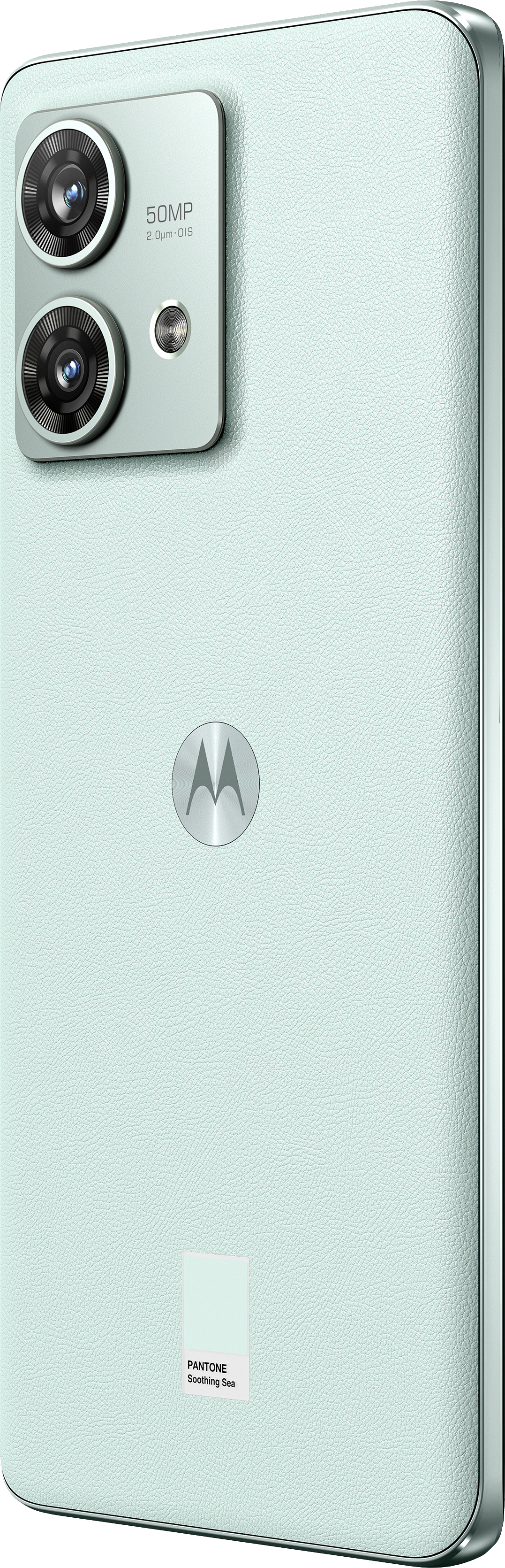 Hellgrünes Handy mit 50MP-Kamera, Motorola-Logo und Farbprobe.