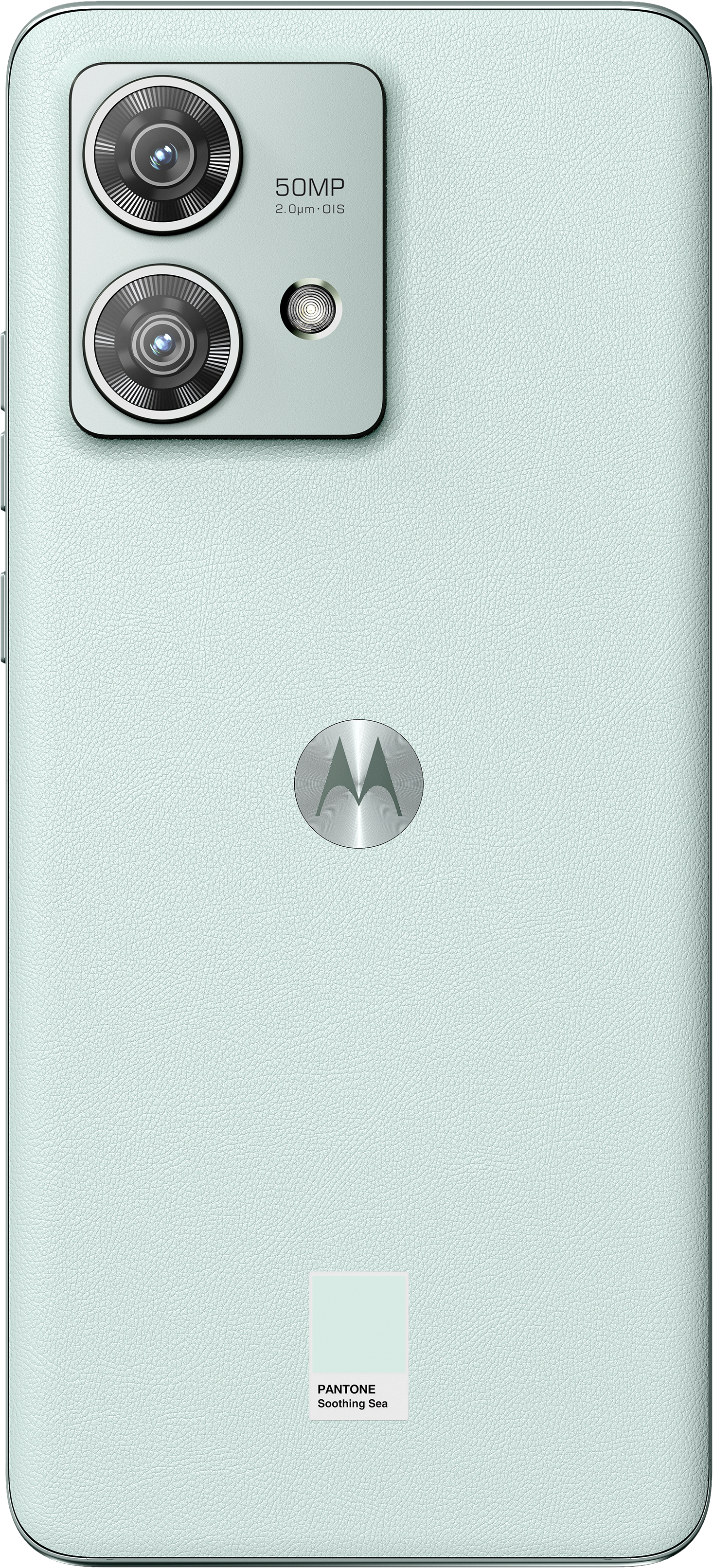 Rückseite eines hellgrünen Smartphones mit zwei Kameras und dem Motorola-Logo.