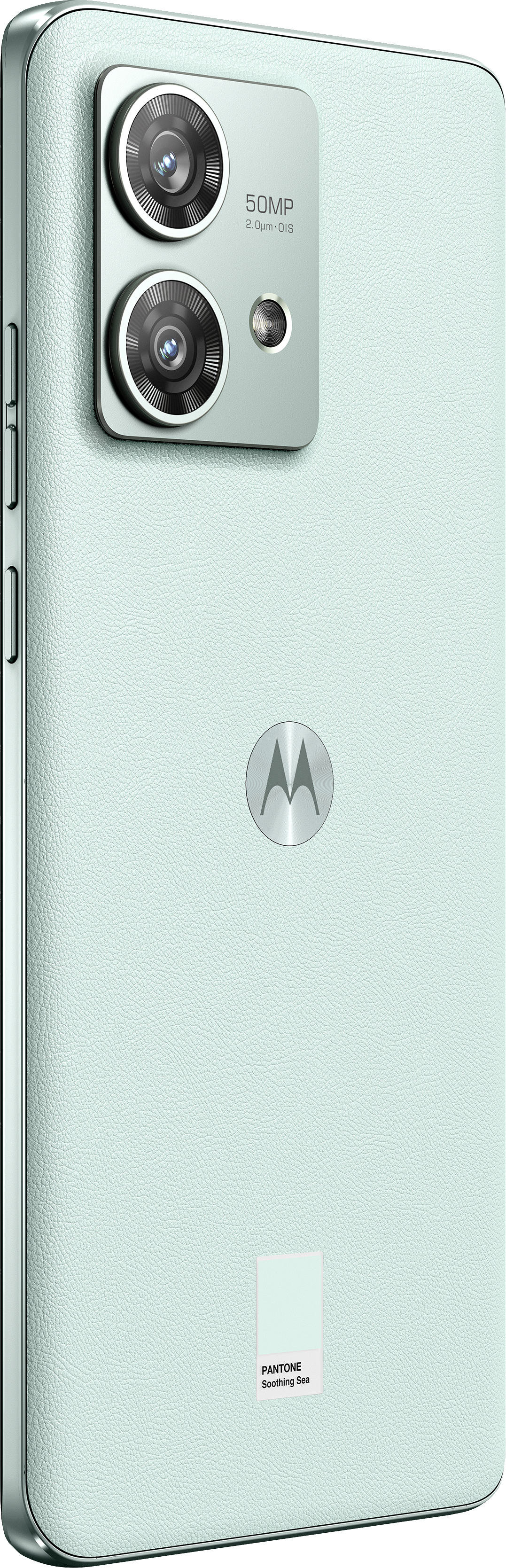 Rückseite eines hellgrünen Smartphones mit zwei Kameras und Motorola-Logo.