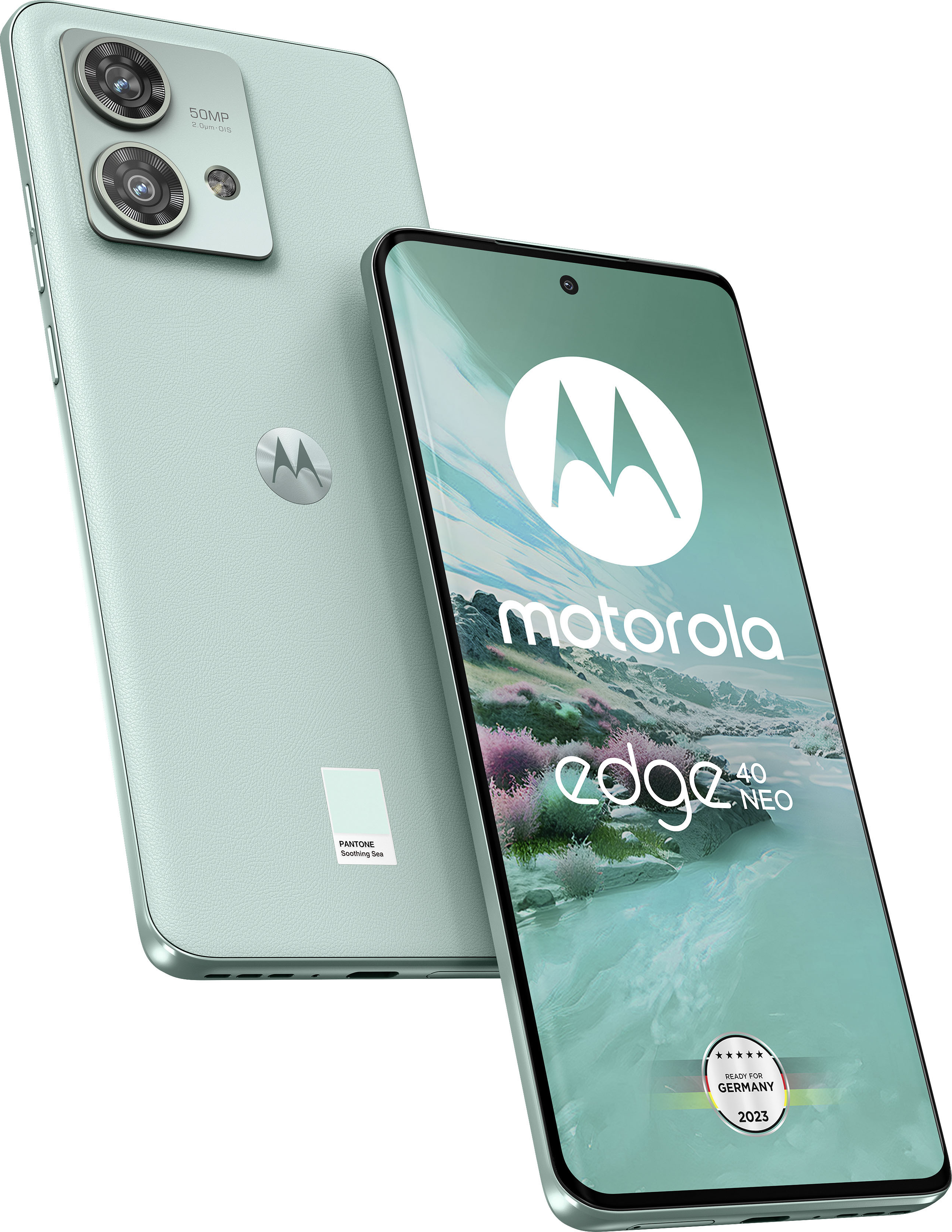 Ein mintgrünes Motorola Edge 40 Neo Handy mit zwei Kameras auf der Rückseite.