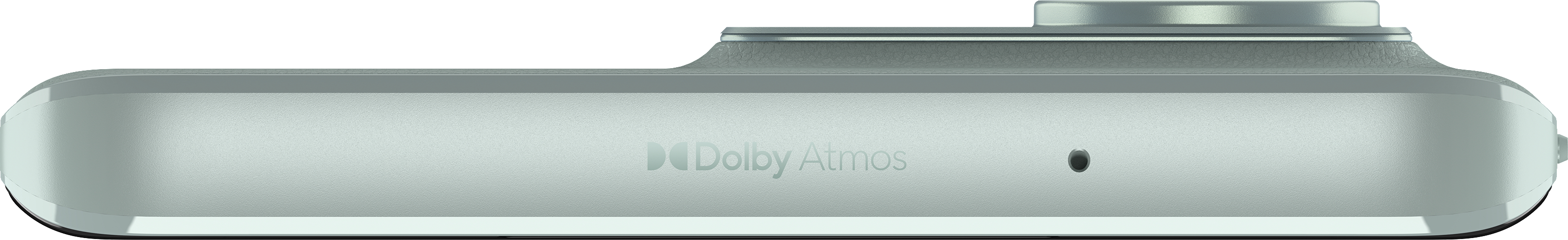 Silbernes Gerät mit Dolby Atmos-Logo und einem kleinen Loch.