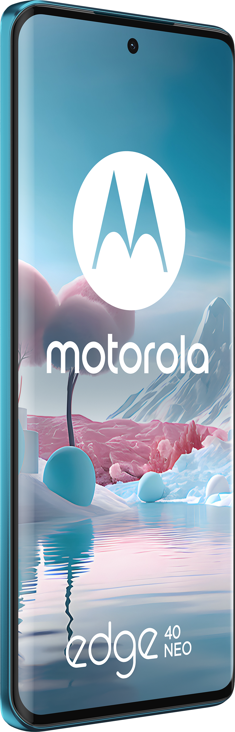 Blaues Motorola Edge 40 Neo Telefon mit einem Bildschirm, der eine Naturszene zeigt.