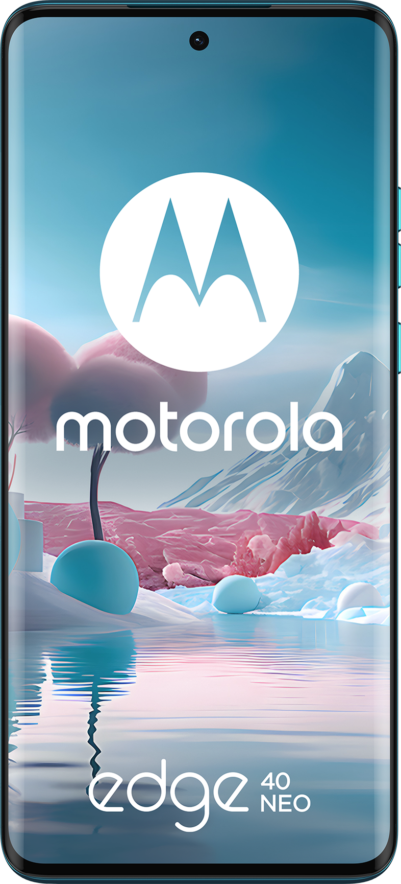 Motorola Edge 40 Neo-Telefon mit einer malerischen Kulisse, mit stilisierten Bergen und Wasserszene.