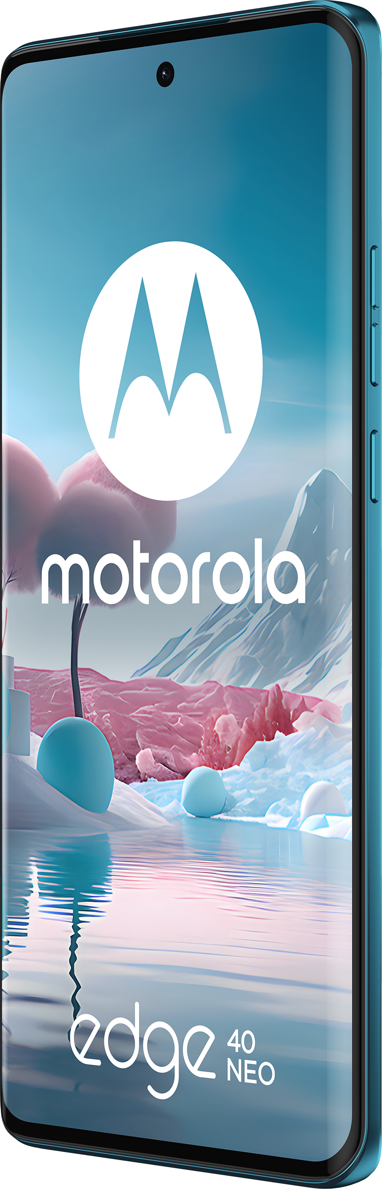 Motorola Edge 40 Neo Telefon in Blau, zeigt eine stilisierte Landschaft.
