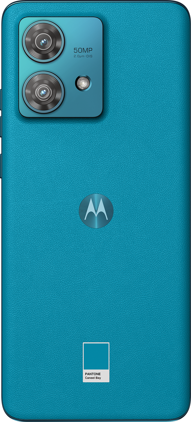 Türkisfarbene Telefonrückseite mit Kameras und Markenlogo. Unten ein Pantone-Farbmuster.