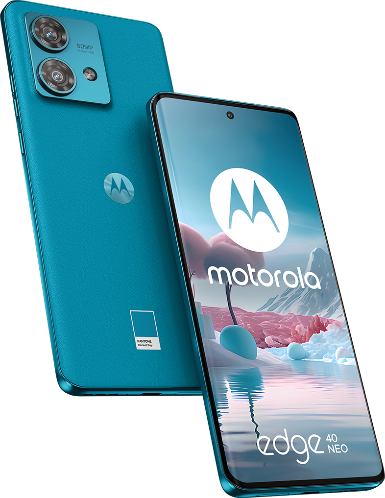 Türkisfarbenes Motorola Edge 40 Neo Telefon. Blaue Rückseite, Bildschirm zeigt Motorola-Logo. Schwarzer Hintergrund.