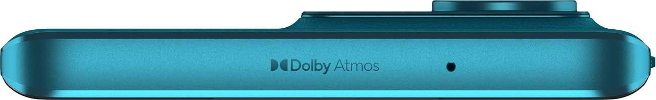 Türkisfarbene Unterseite des Telefons mit Dolby Atmos Logo.
