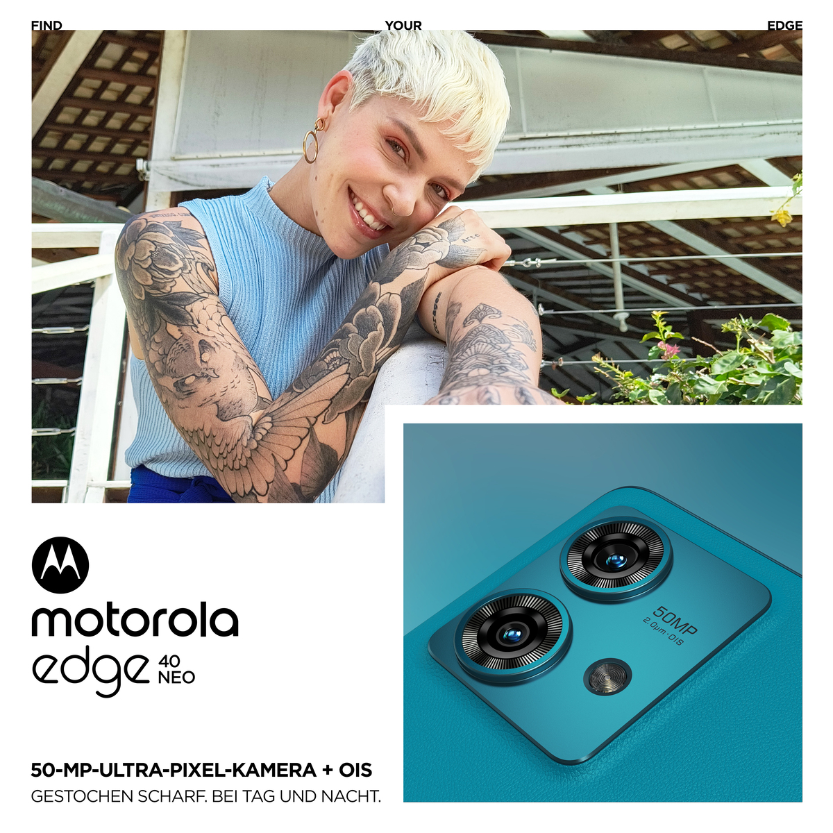 Frau mit Tattoos, lächelnd, und ein Handy mit Doppelkameras, Werbematerial.