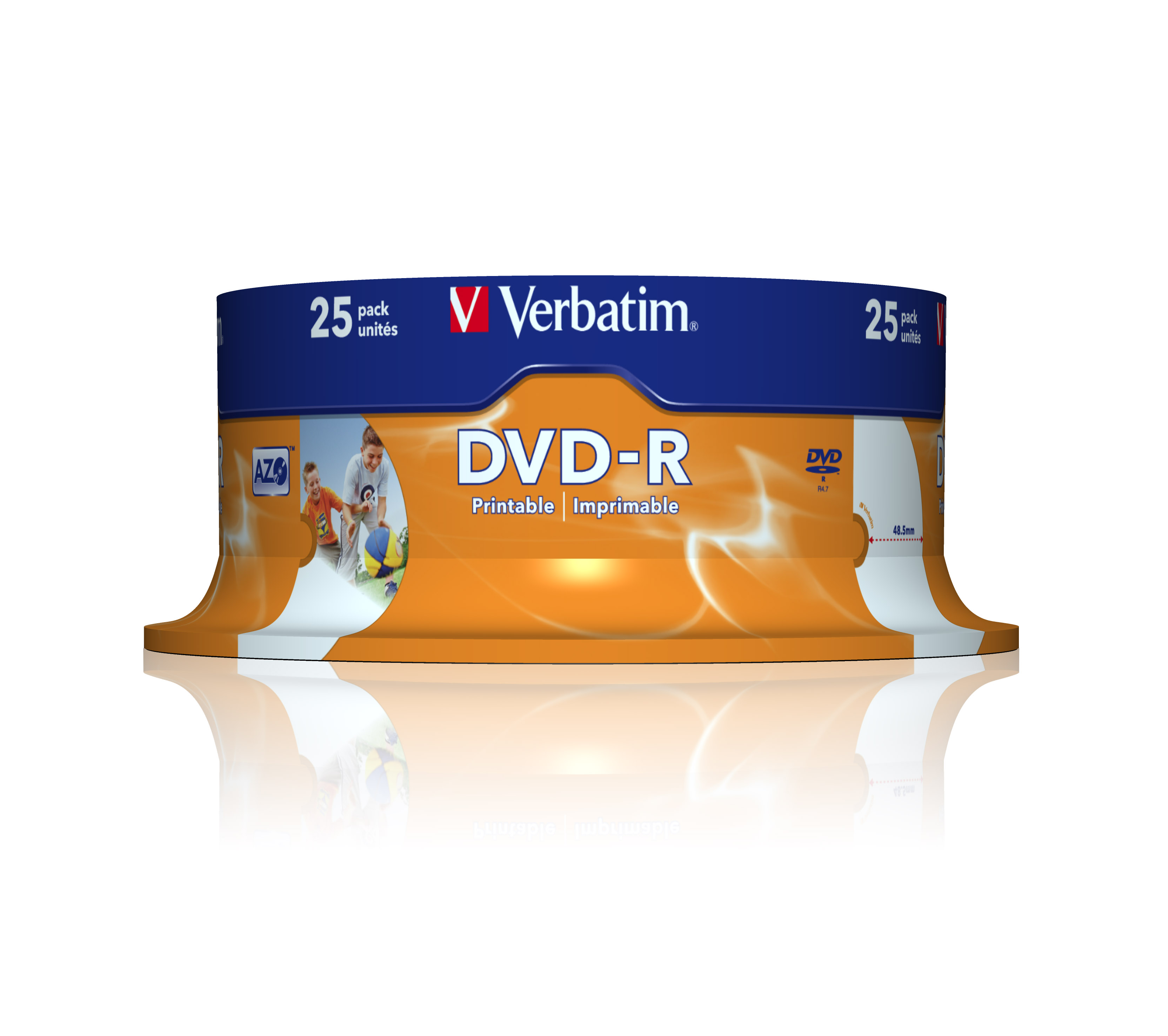 DVD-R-Discs in einer Packung, orangefarbene und blaue Verpackung. Weißer Hintergrund.