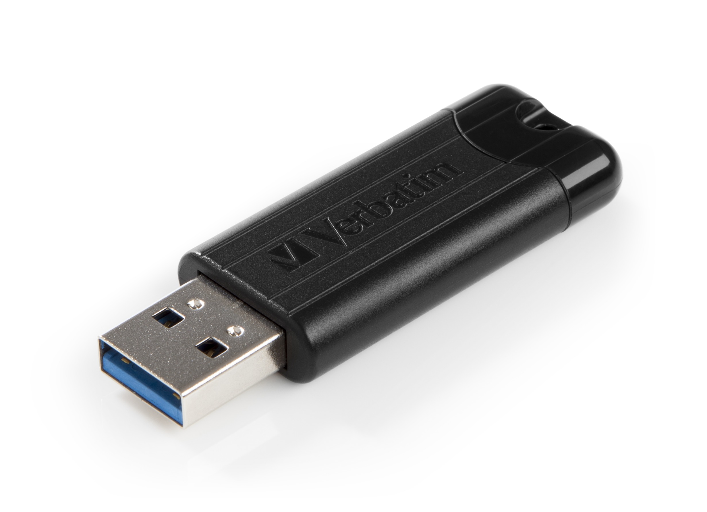 Schwarzer USB-Stick mit 'Verbatim'-Logo, angewinkelt, weißer Hintergrund.