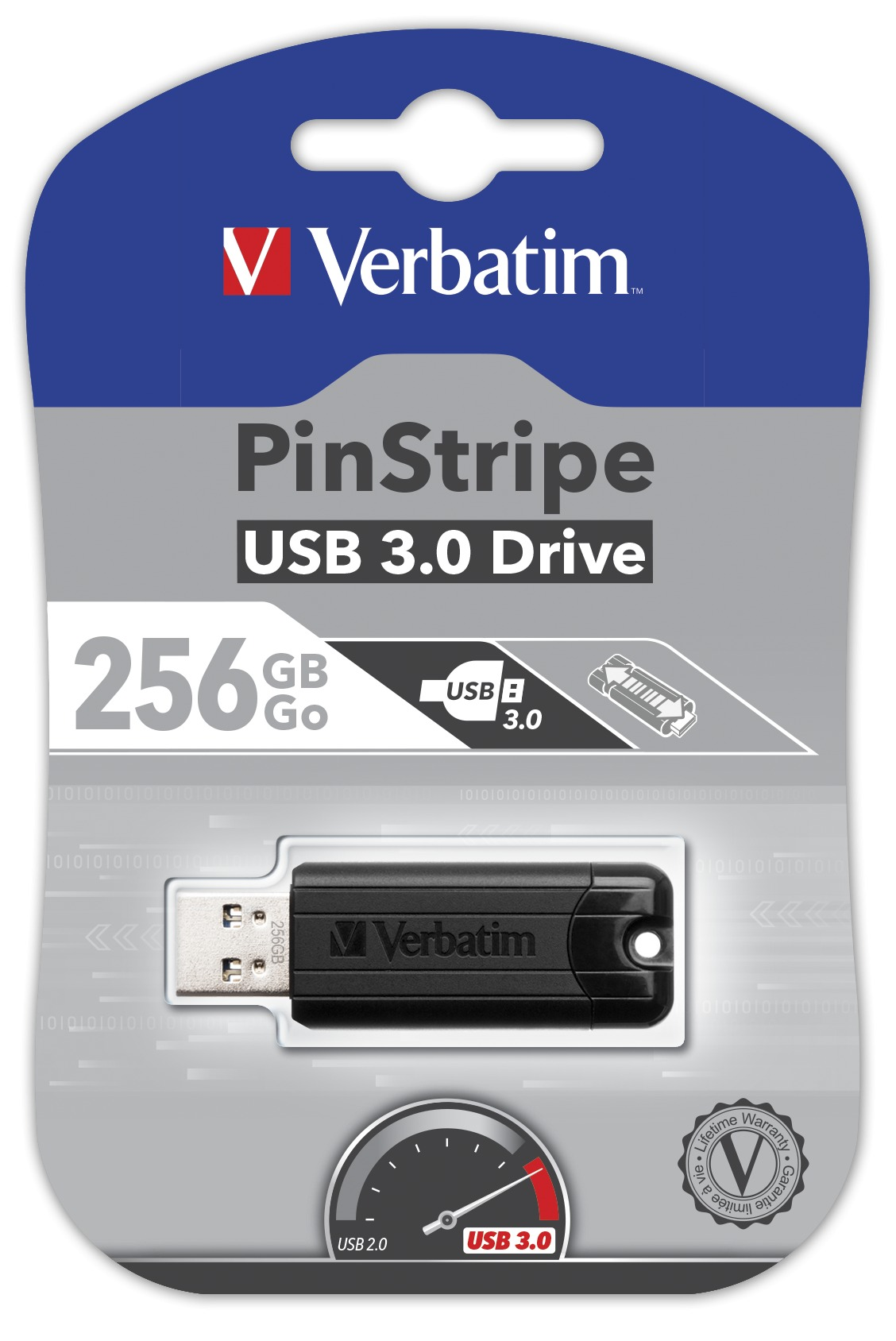Verbatim PinStripe USB 3.0-Laufwerk. Schwarzer USB-Stick in der Verpackung, 256 GB.