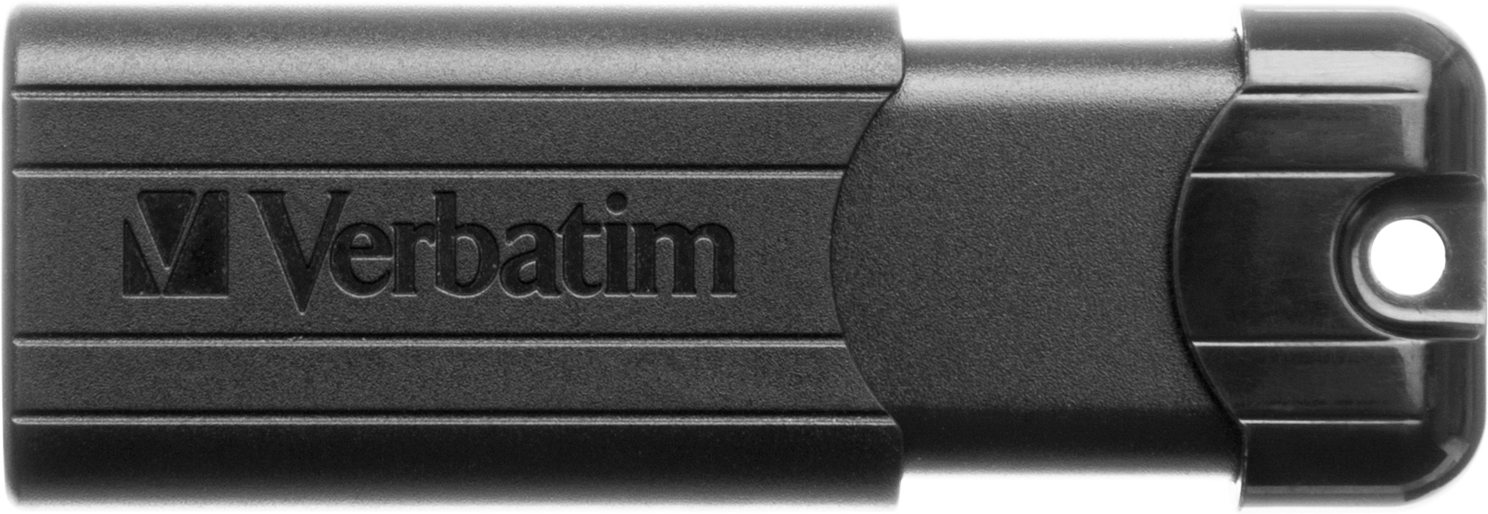 Schwarzer Verbatim USB-Stick. Rechteckige Form, mit sichtbarem Verbatim-Logo.