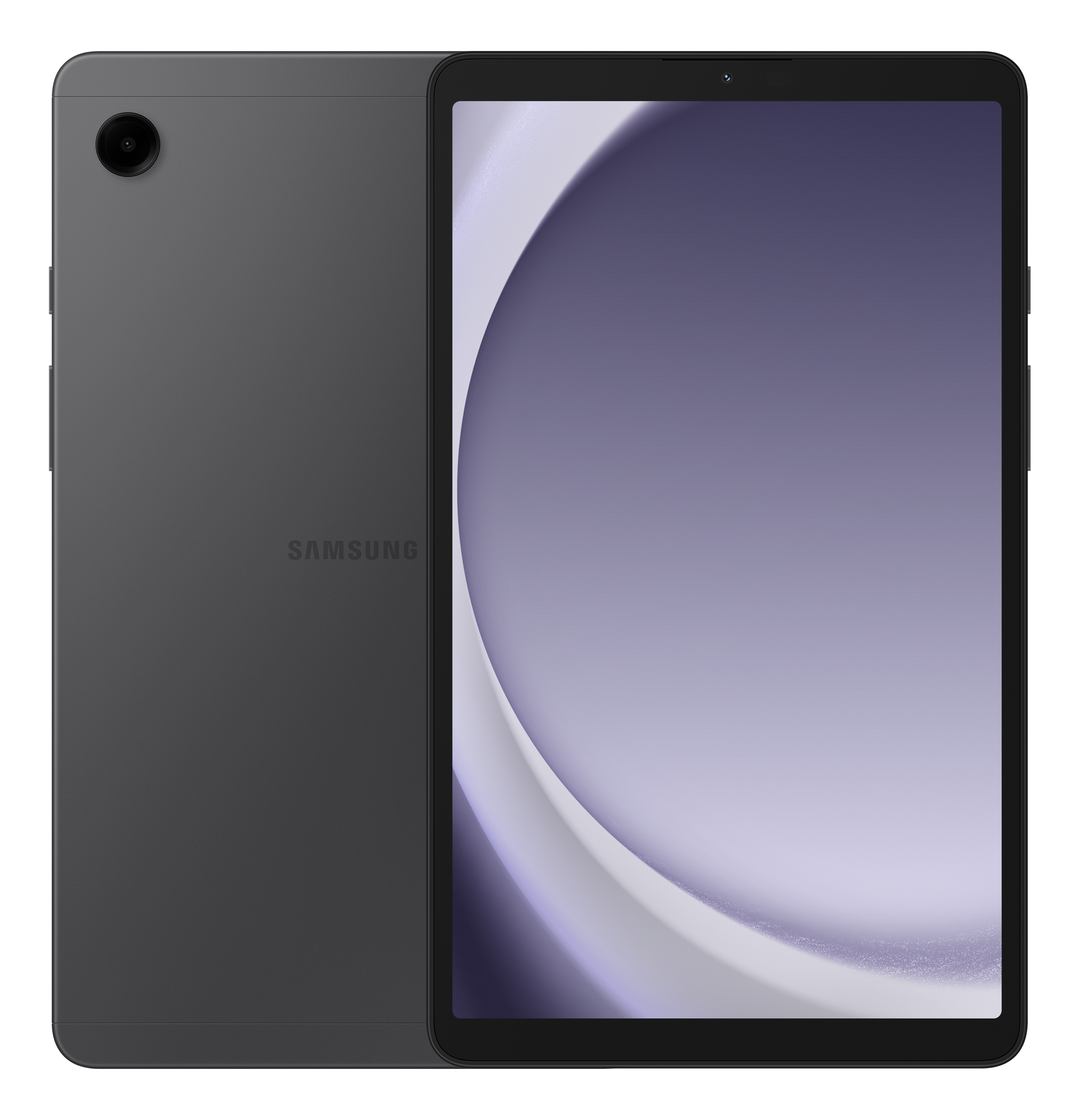 Ein graues Tablet-Computer, von hinten und vorne gezeigt. Es hat eine Kamera auf der Rückseite.