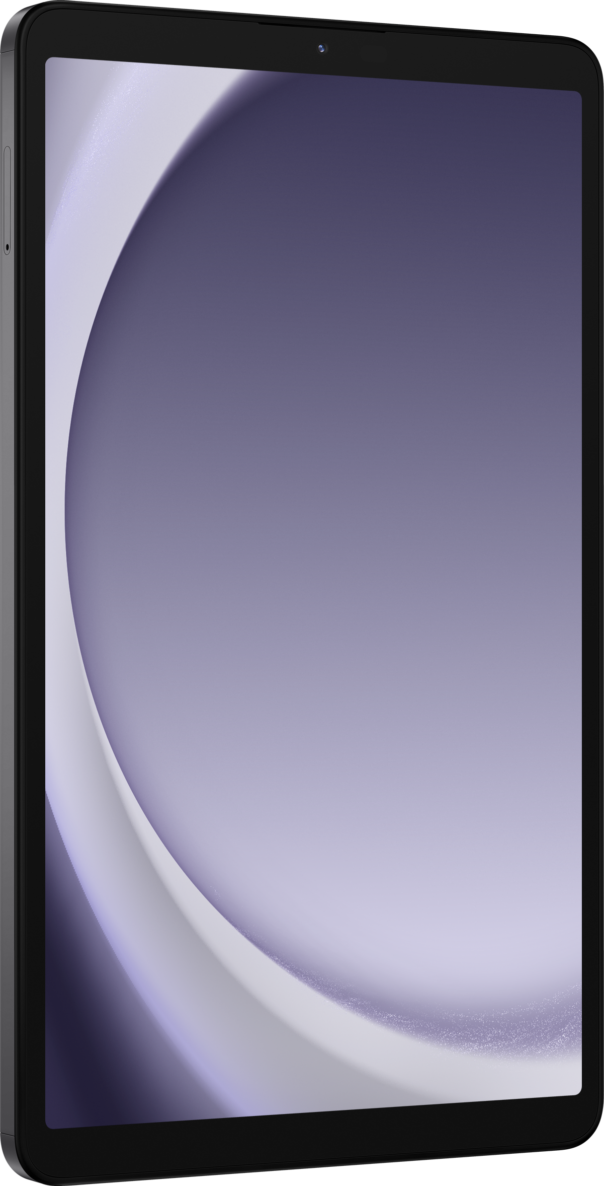 Tablet mit schwarzem Rahmen und Bildschirm, der ein lila-weißes Design zeigt.
