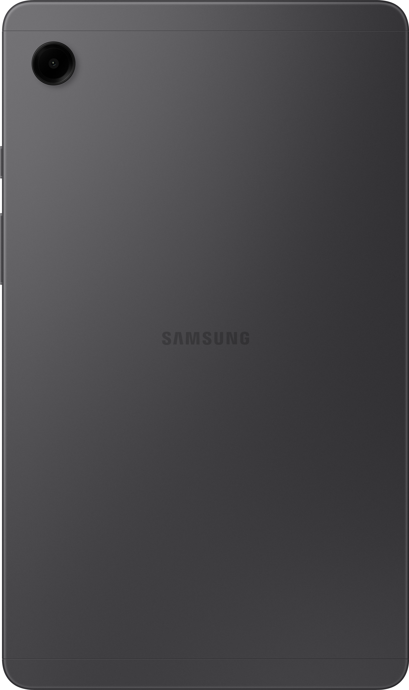 Rückseite eines dunkelgrauen Samsung-Tablets.