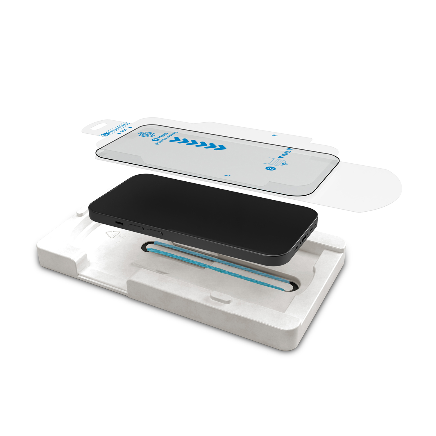 Uno smartphone nero si trova in un vassoio bianco con una protezione per lo schermo sopra, su sfondo bianco.