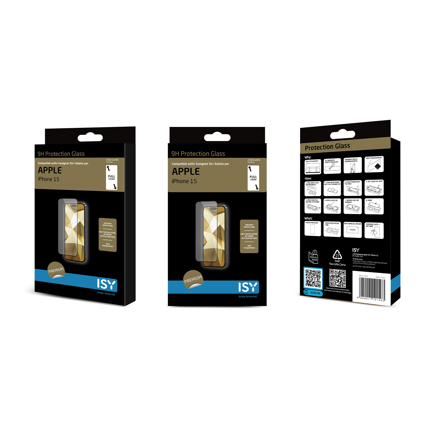 Tre scatole di proteggi schermo ISY per iPhone 15, con istruzioni e design.
