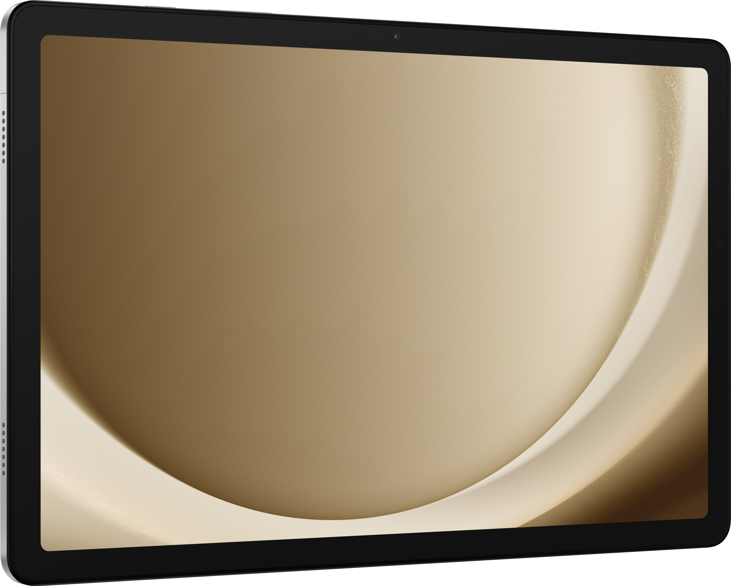 Tablet-Computer, goldener Bildschirm, schwarzer Rahmen. Der Bildschirm zeigt ein geschwungenes, abstraktes Golddesign.