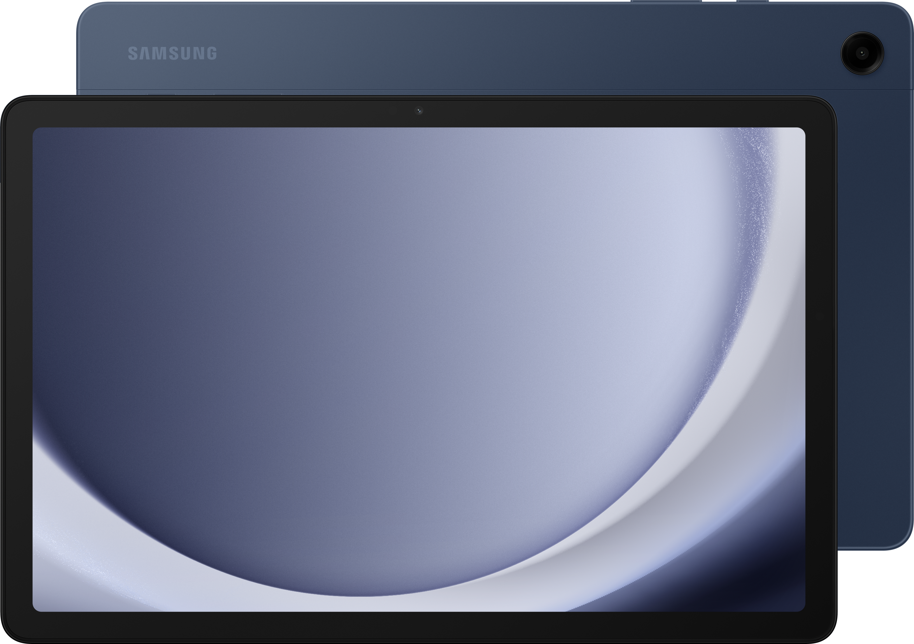 Blaues Samsung-Tablet. Das Display ist eingeschaltet und zeigt ein hellviolettes und weißes Design. Rückseite blau.