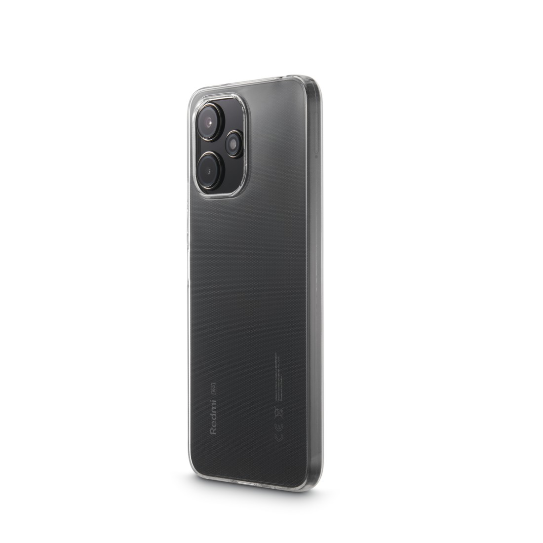 Ein Mobiltelefon in einer transparenten Hülle. Das Telefon hat mehrere Kameras und eine dunkelgraue Rückseite.