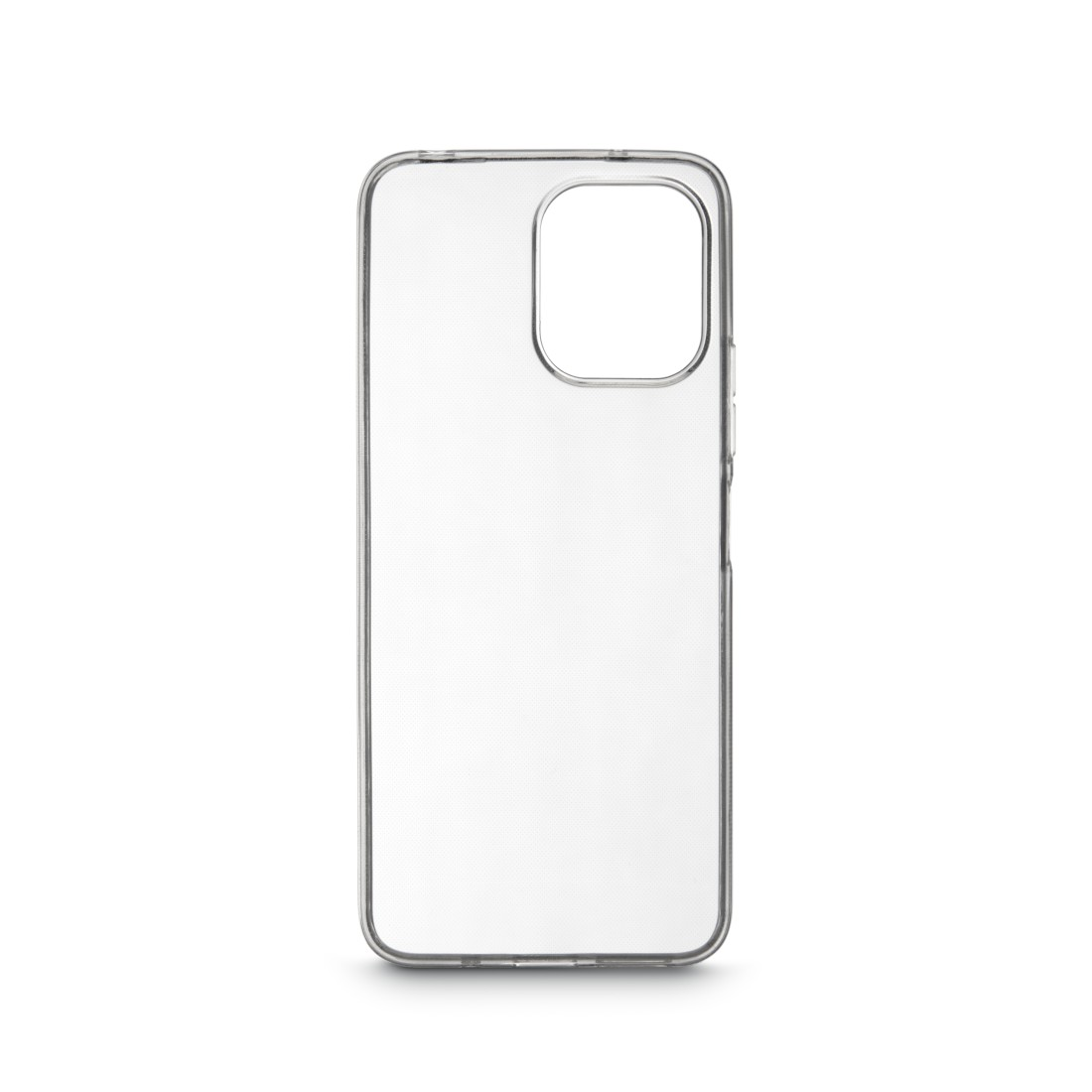 Transparente Handyhülle mit Kameraausschnitt. Weißer Hintergrund.