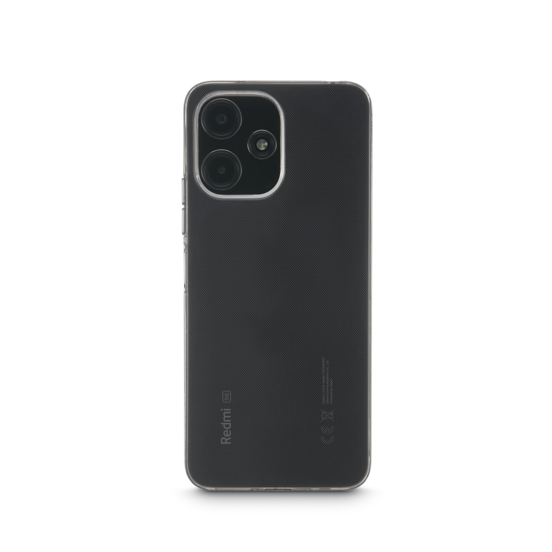 Schwarzes Telefon mit drei Kameras. Das Telefon befindet sich in einer transparenten Hülle. Weißer Hintergrund.