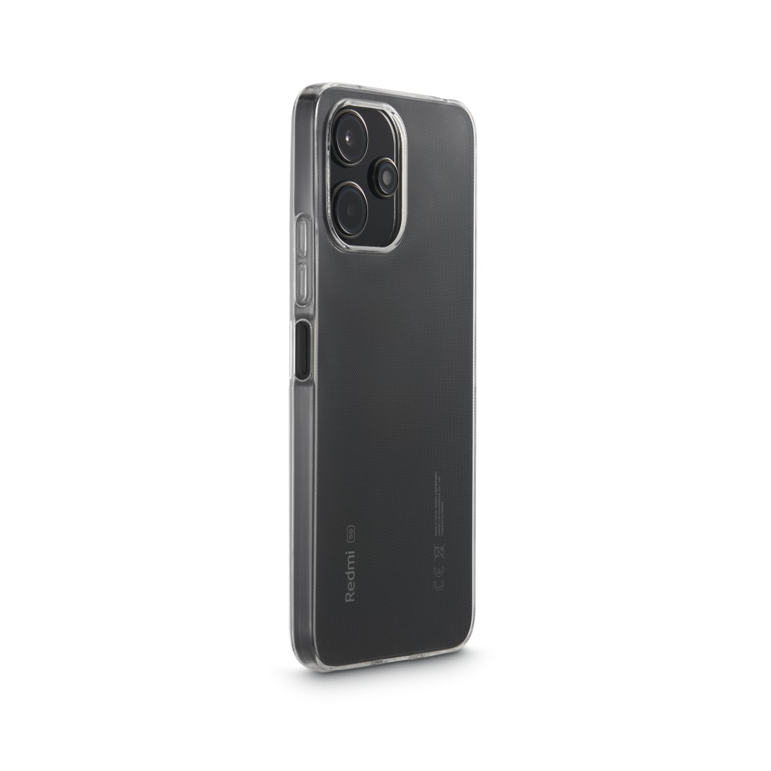 Transparente Schutzhülle für ein schwarzes Telefon. Die Hülle hat einen Kameraausschnitt.