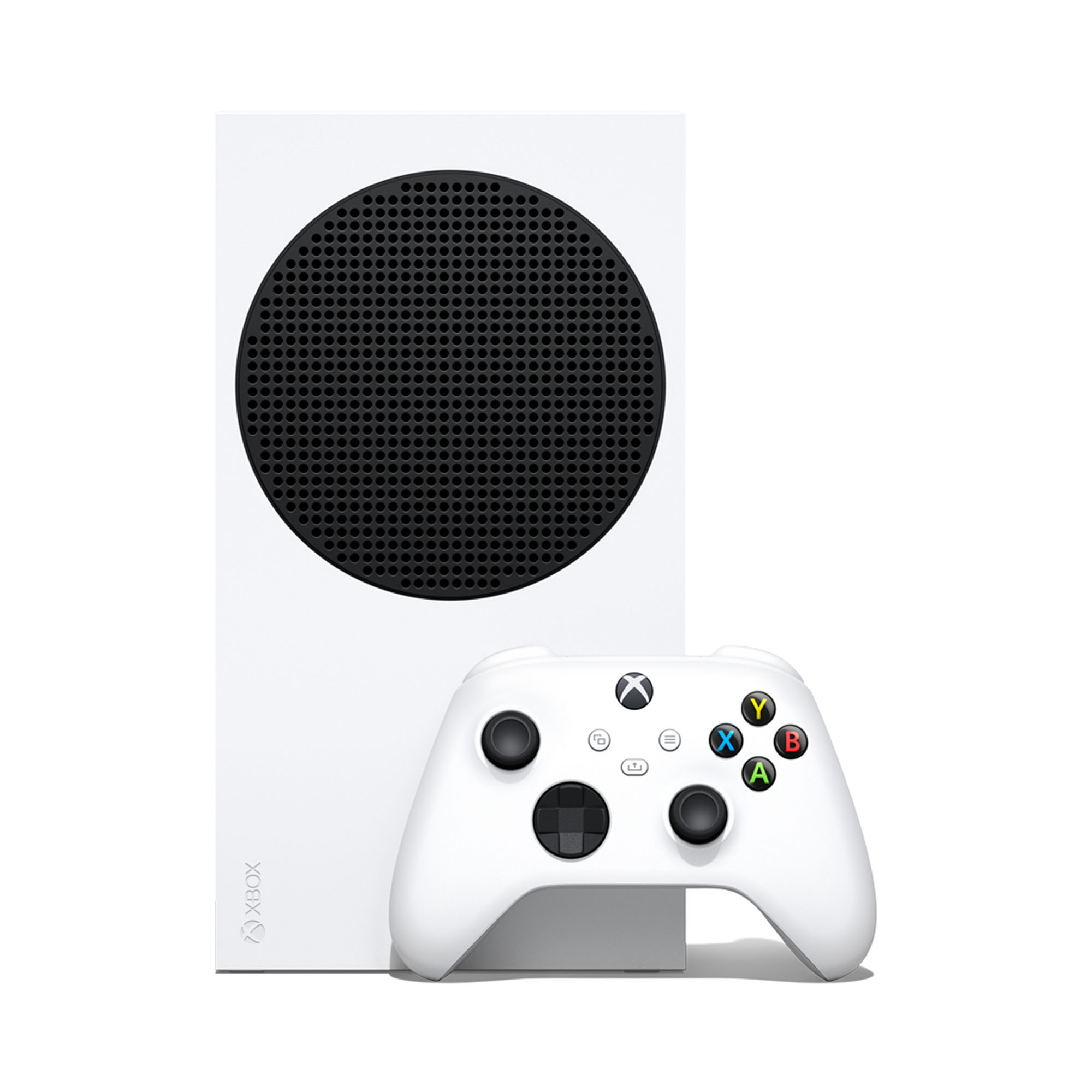 Beyaz Xbox Series S konsolu ve kontrolcü, beyaz zemin.