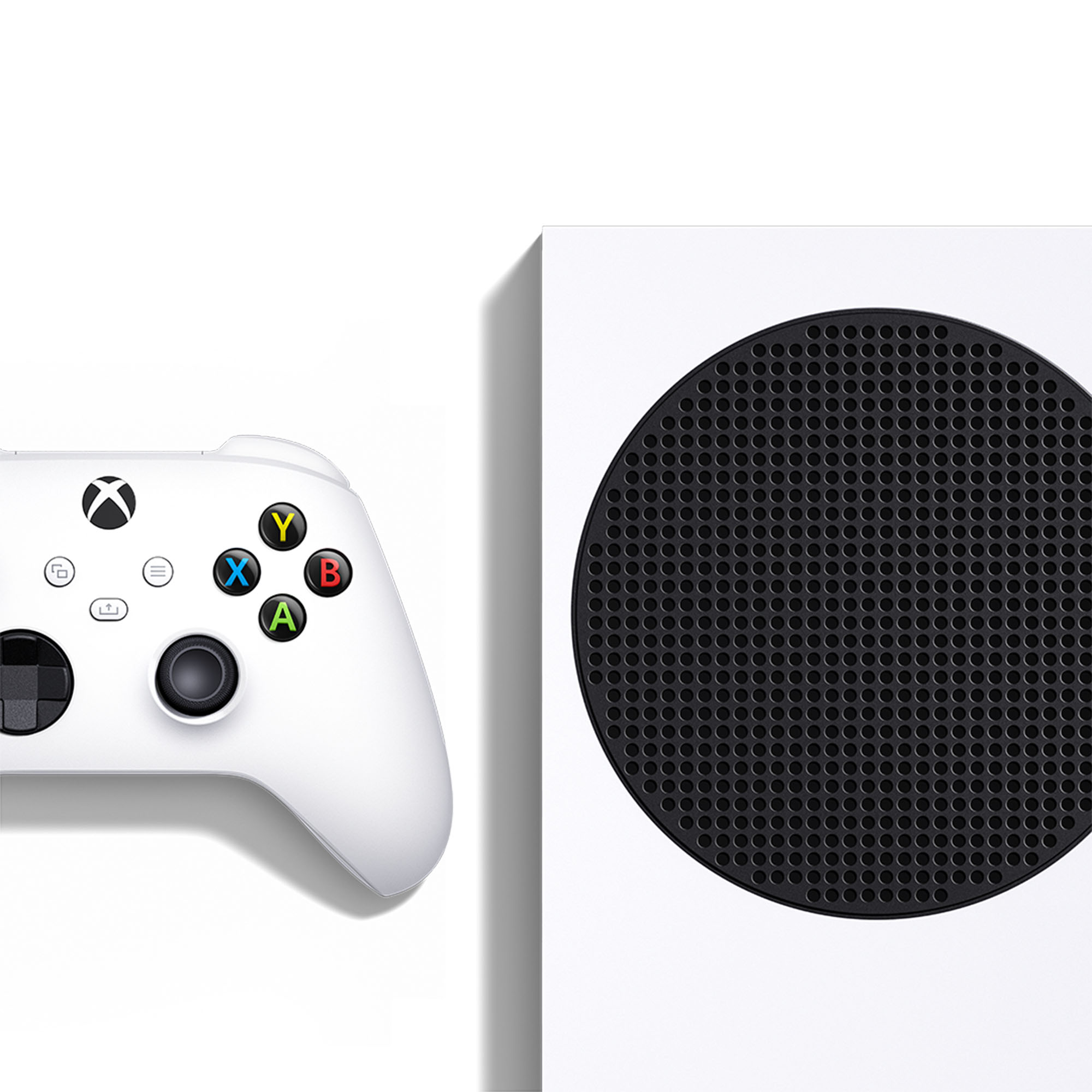 Kontrolcü ile beyaz Xbox Series S konsolu, kontrolcü düğmeleri görülebilir.