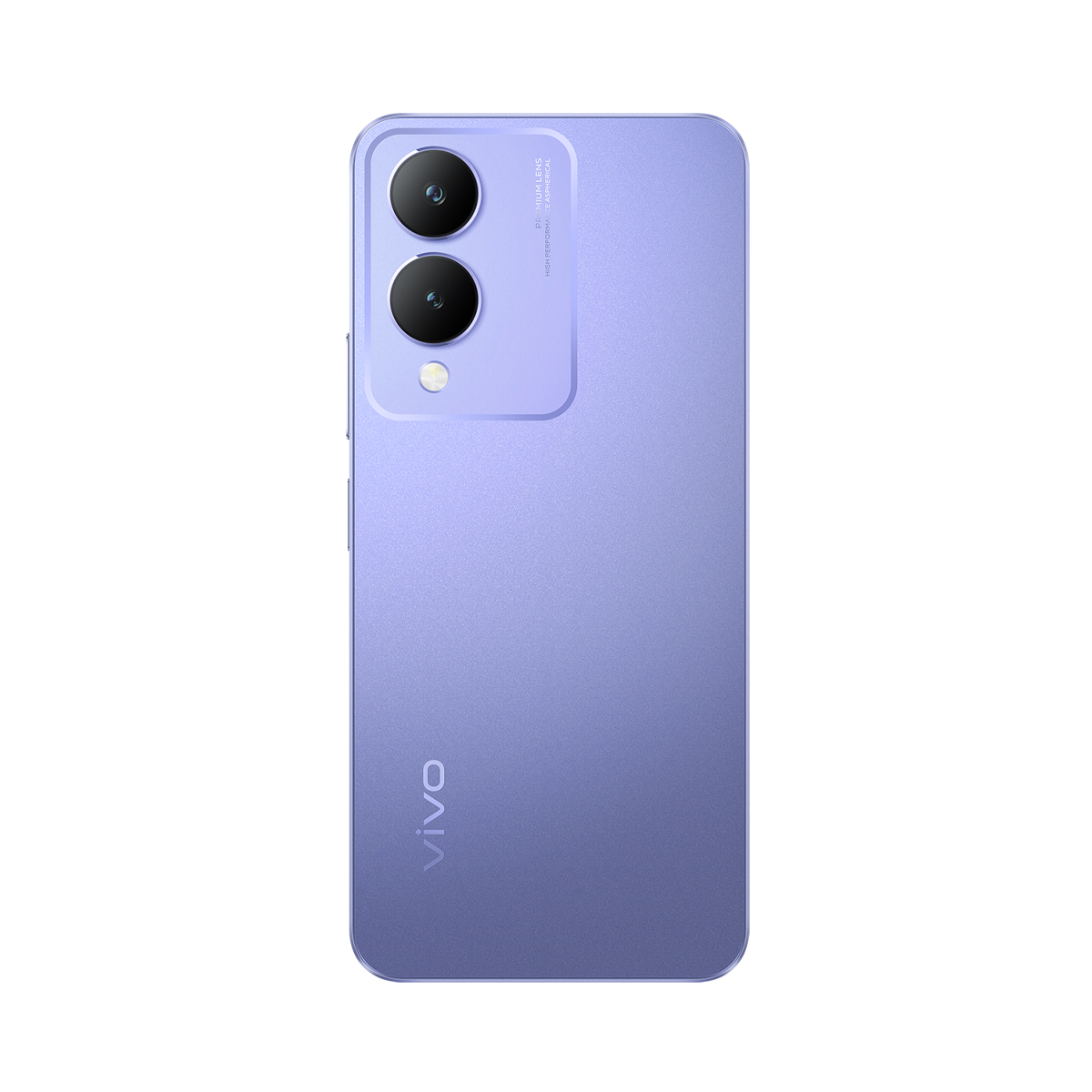 Mor bir akıllı telefon, çift kamera ve arka tarafta Vivo logosu.