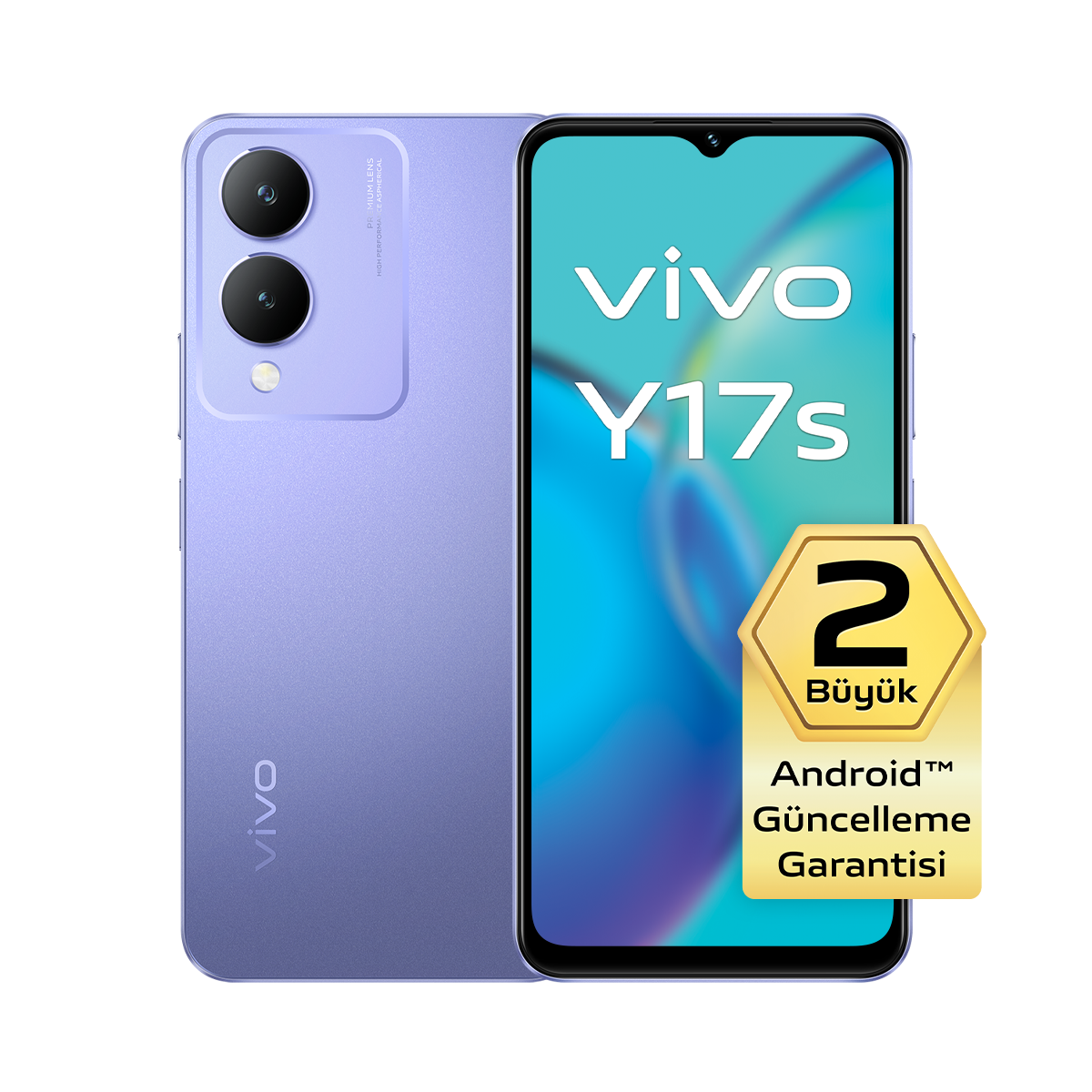 Mor Vivo Y17s telefon, çift lensli kamera, ekran telefonun adını ve özelliklerini gösteriyor.