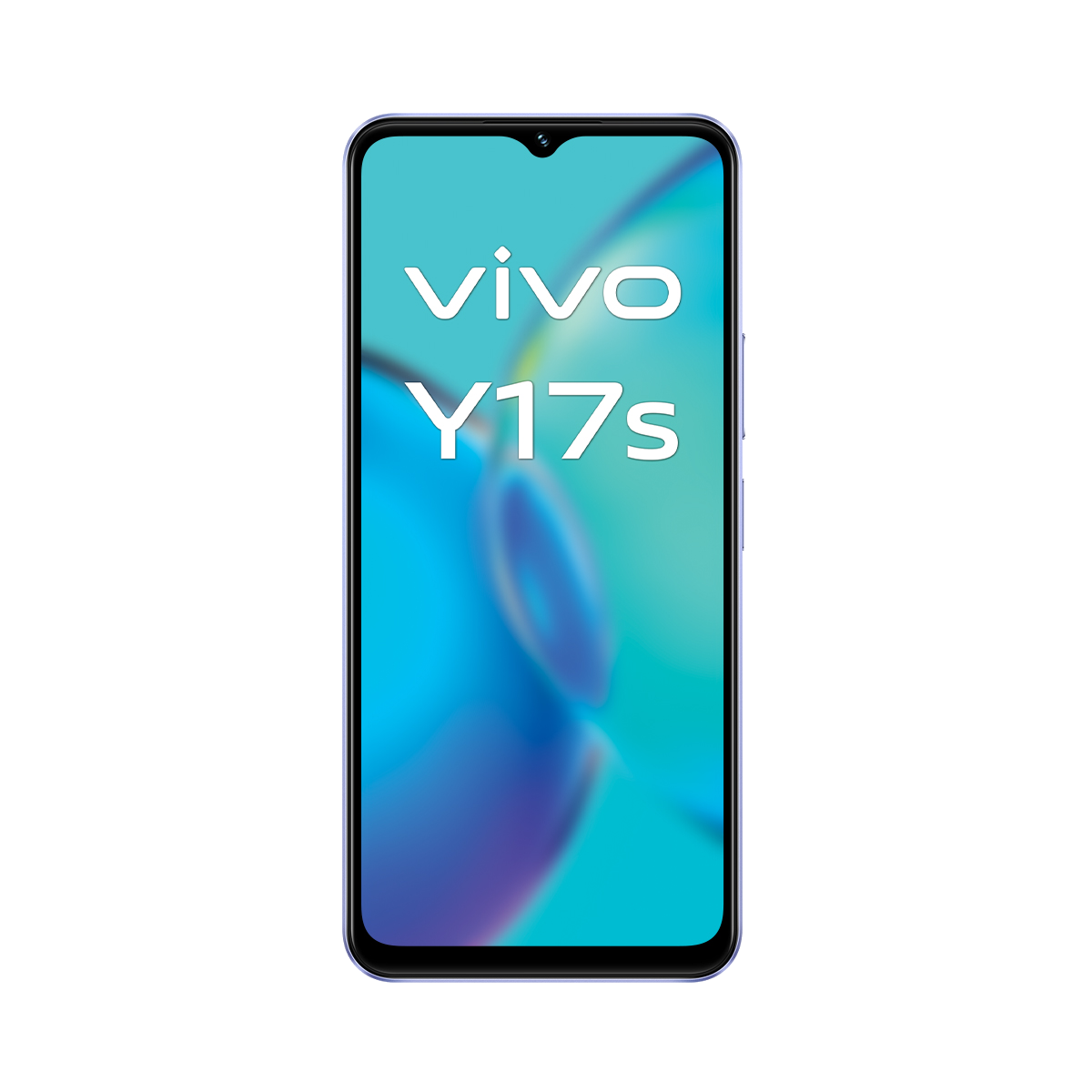 Ekranında 'vivo Y17s' yazısı olan siyah akıllı telefon, mavi ve mor arka plan.