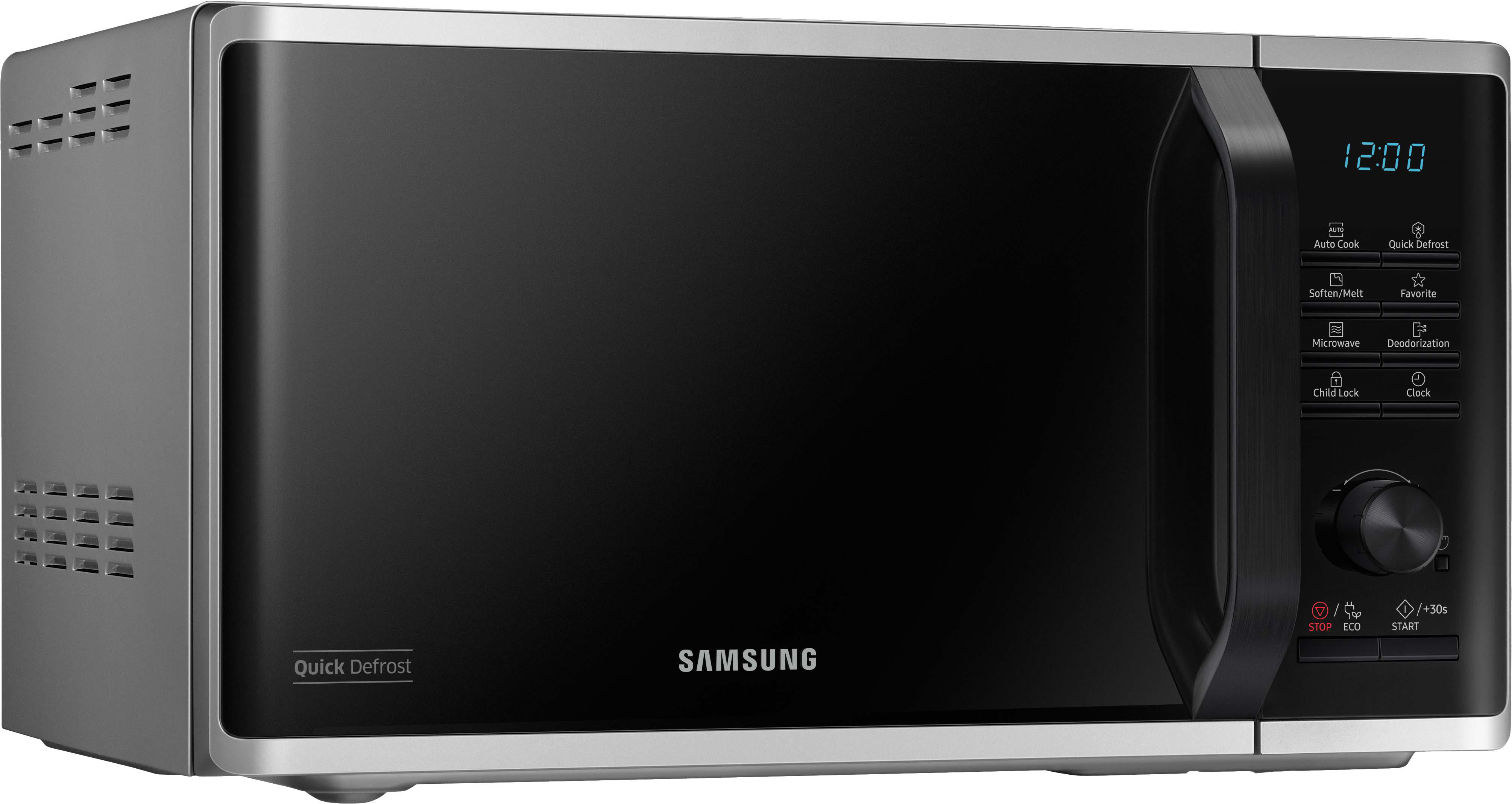 Schwarze Samsung Mikrowelle mit Digitalanzeige, Bedienelementen und Quick Defrost-Etikett.