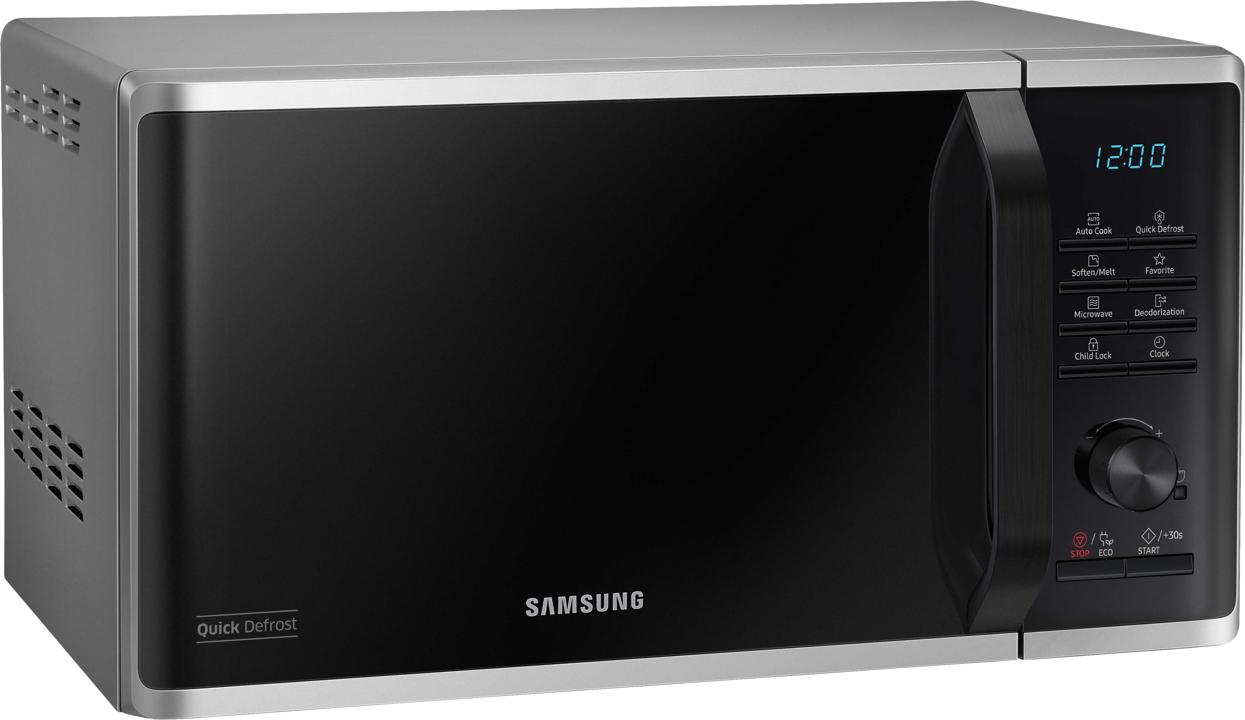 Eine schwarze Samsung-Mikrowelle mit Digitalanzeige und Bedienfeld. Silberne Verkleidung.