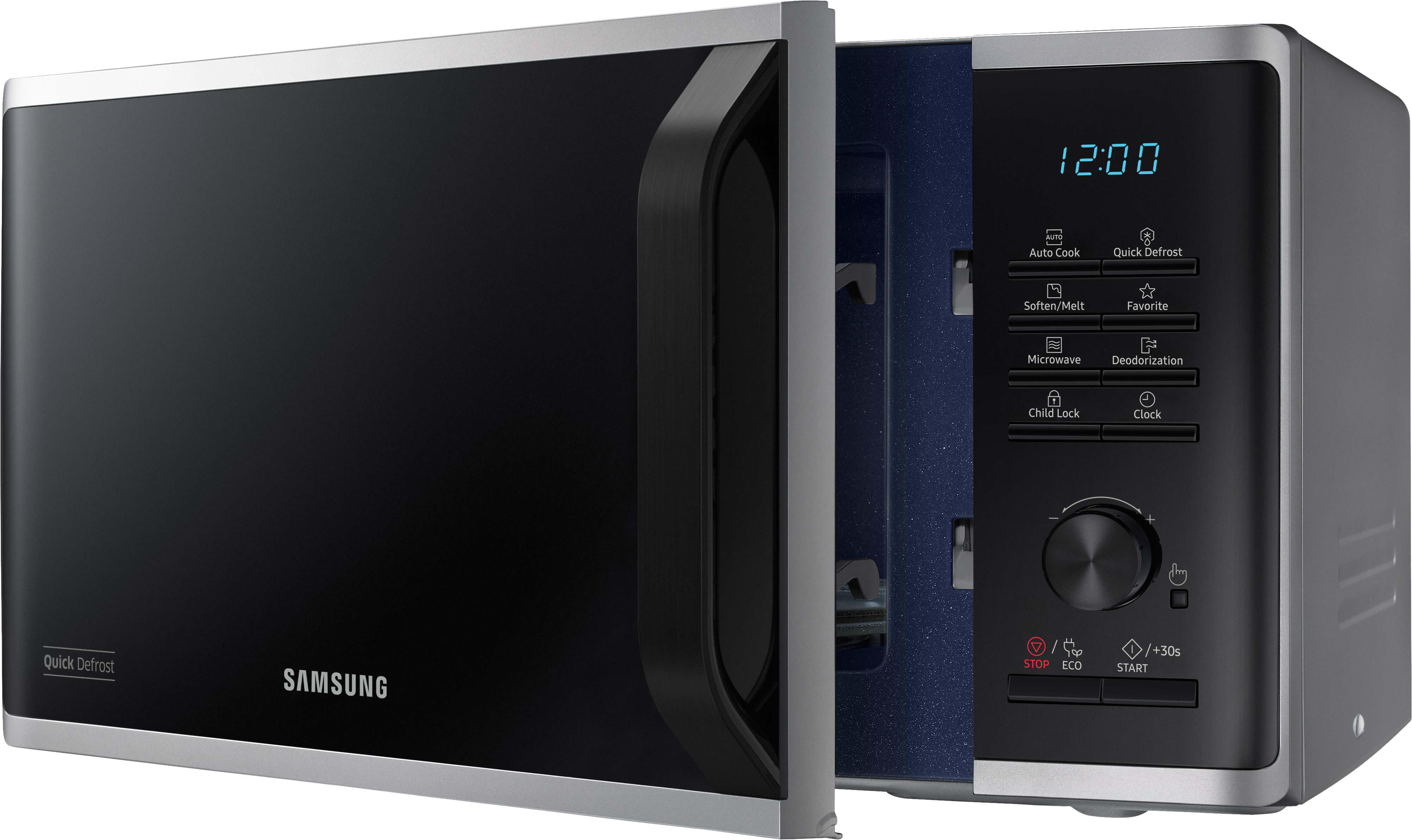 Ein schwarzer Samsung-Mikrowellenherd mit offener Tür, der das Innere zeigt.