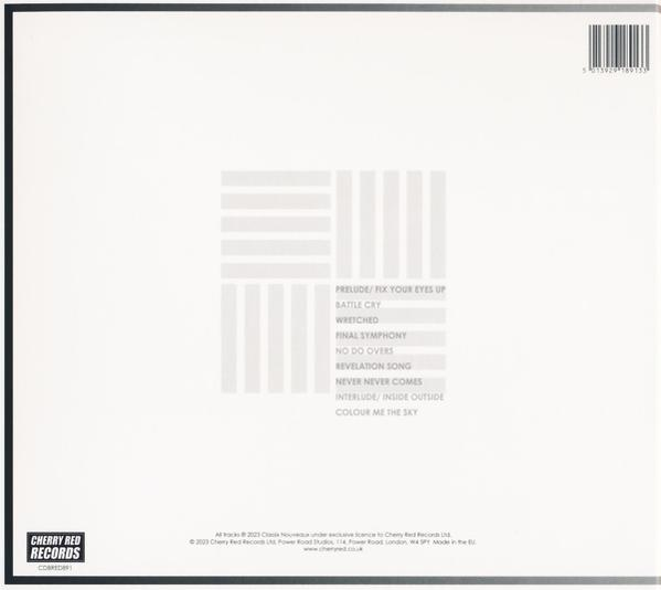 Rückseite einer weißen LP-Plattenhülle mit Titeln und einem Logo auf schwarzem Hintergrund.