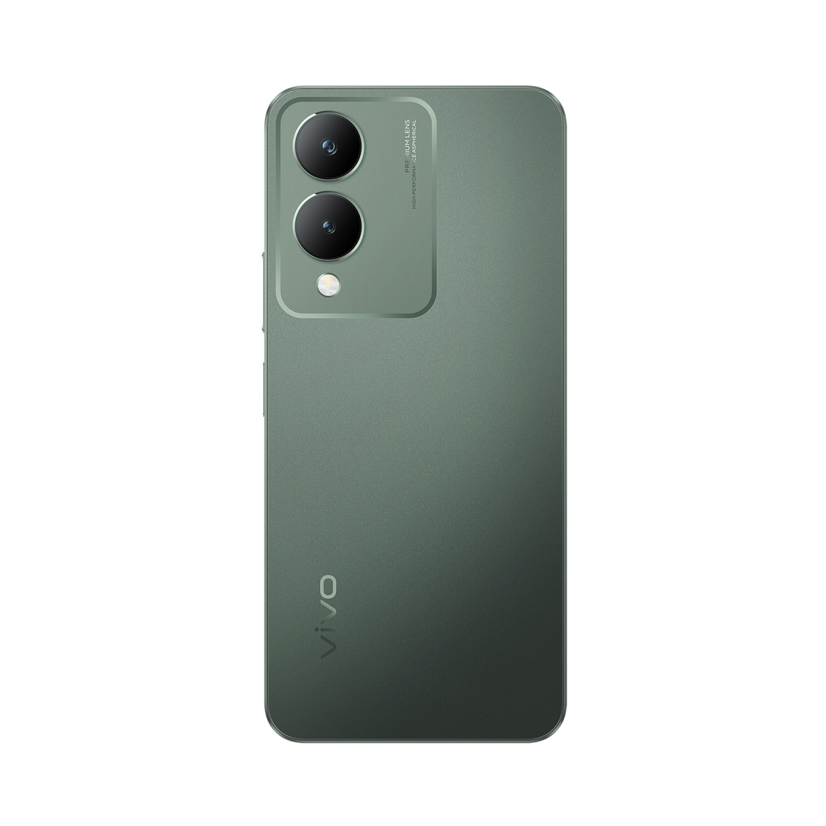 Çift kameralı yeşil bir akıllı telefonun arkası. Logo altta.