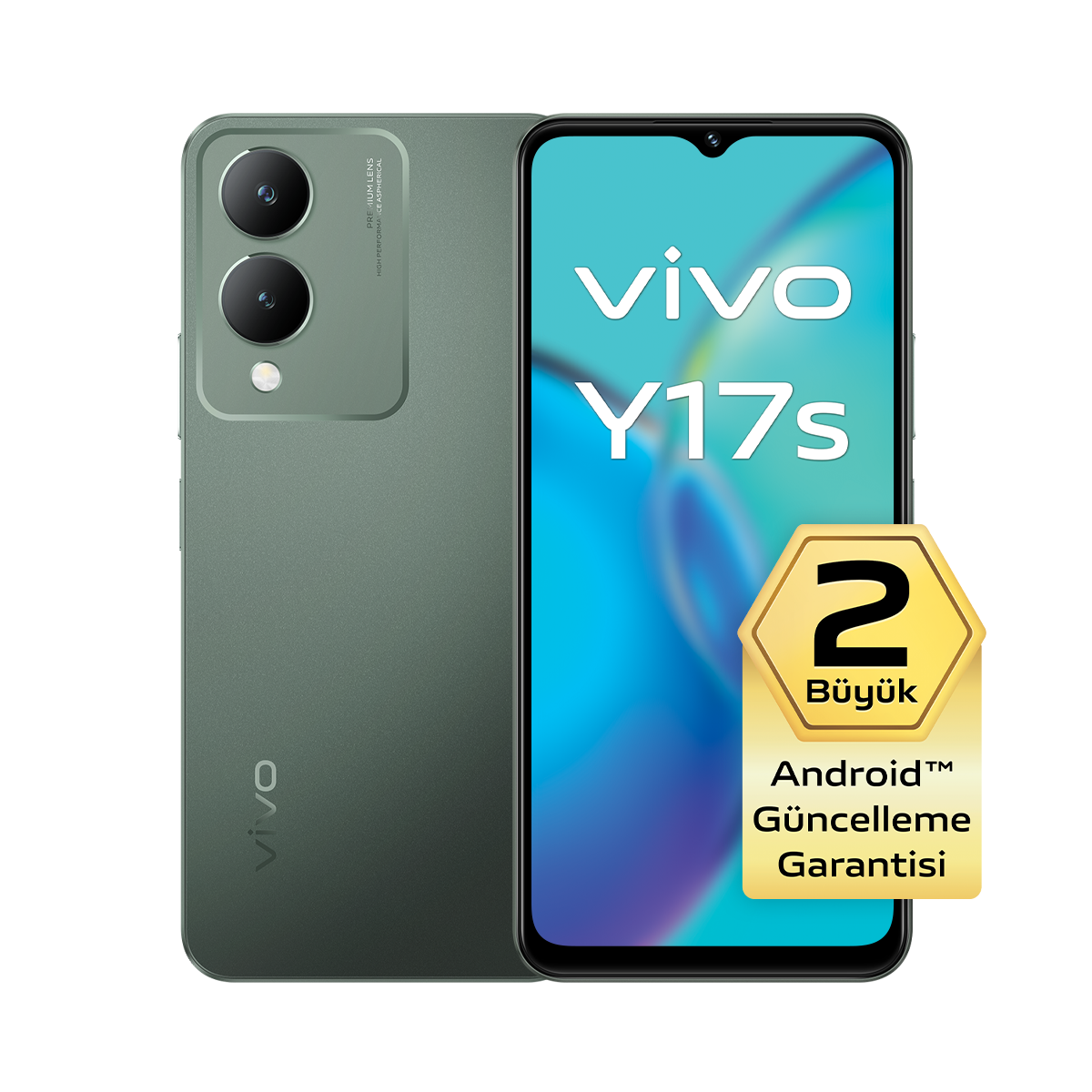 Çift kameralı ve parlak ekranlı yeşil Vivo Y17s akıllı telefon, siyah arka plan.