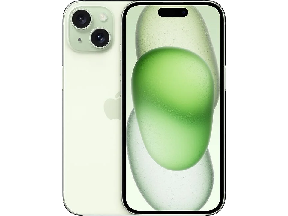 iPhone verde con dos cámaras. Fondo blanco.
