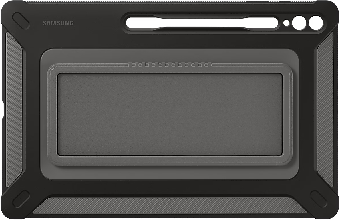 Un étui de tablette Samsung gris et noir avec un support pour un stylet.