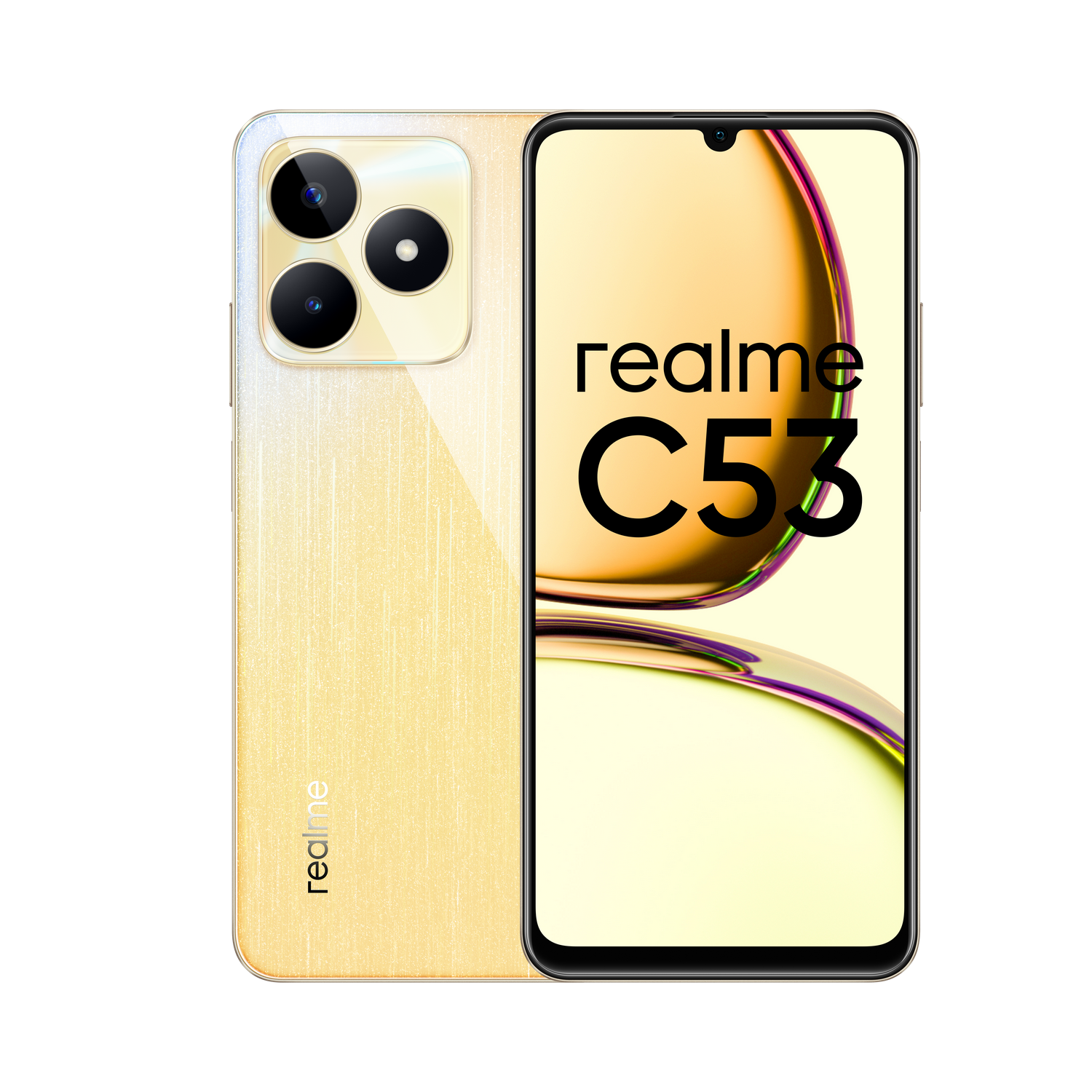 Smartphone Realme C53 dorado; la parte trasera muestra cámaras y el logo, frontal UI.