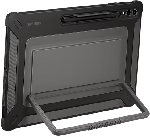 Schwarzes Samsung-Tablet in Schutzhülle, aufgestellt durch einen Ständer.