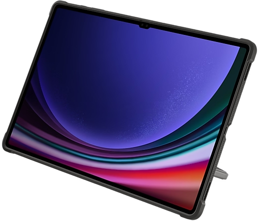 Tablet mit schwarzem Rahmen und dunklem Bildschirm, auf einem Ständer.
